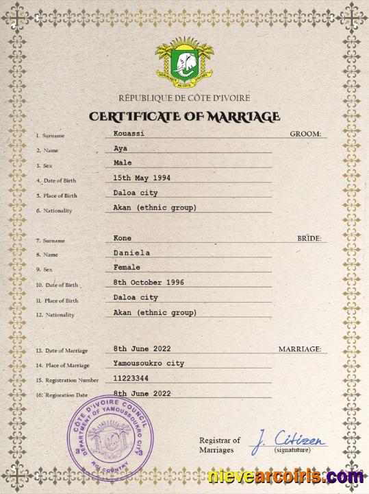 Côte d’Ivoire marriage certificate